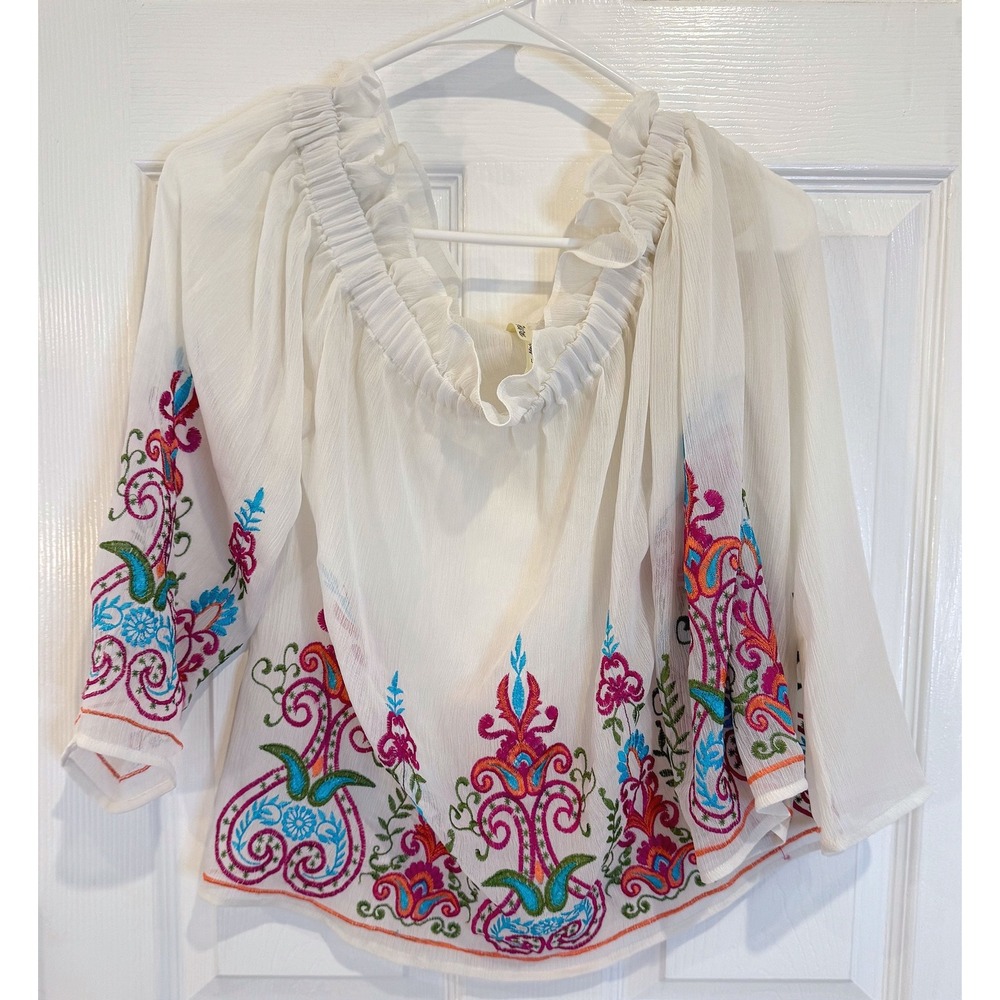 Truth NYC Embroidered Off Shoulder Peasant Blouse Top White Large